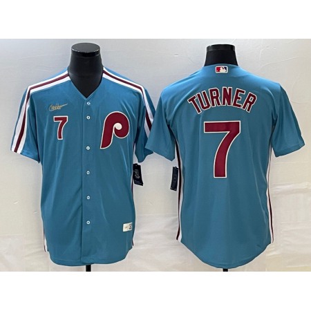 Men's Philadelphia Phillies #7 Trea Turner Blue Cool Base With Patch Stitched Jersey