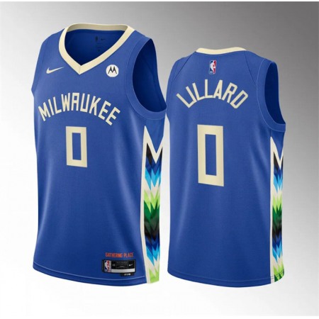 Men's Milwaukee Bucks #0 Damian Lillard Blue 2022-23 City Edition Stitched Basketball Jersey Men's Milwaukee Bucks #0 Damian Lillard Blue 2022-23 City Edition Stitched Basketball Jersey