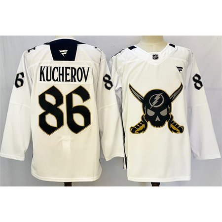 Youth Tampa Bay Lightning #86 Nikita Kucherov 2024-25 White Gasparilla inspired Pirate-themed Warmup Stitched Jersey