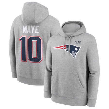 Men's New England Patriots #10 Drake Maye Heather Gray Super Bowl LX Patch Name & Number Hoodie