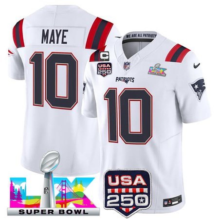Men's New England Patriots #10 Drake Maye White Super Bowl LX Patch USA 250' Patch Vapor F.U.S.E. Limited Jersey