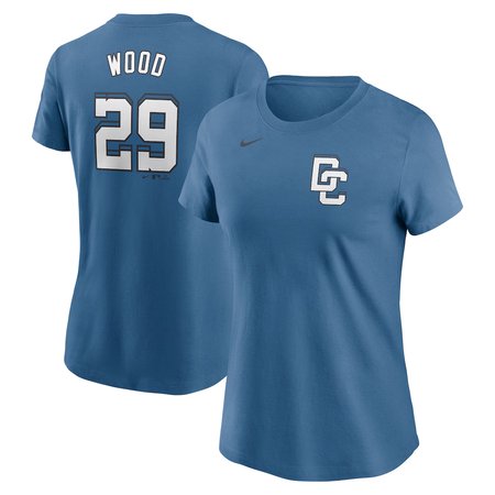 Women's Washington Nationals #29 James Wood Blue 2025 City Connect Fuse Name & Number 2.0 T-Shirt