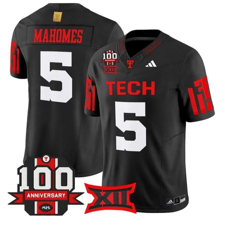 Men's Texas Tech Red Raiders #5 Patrick Mahomes Black Premier 100 Year Anniversary Football Jersey