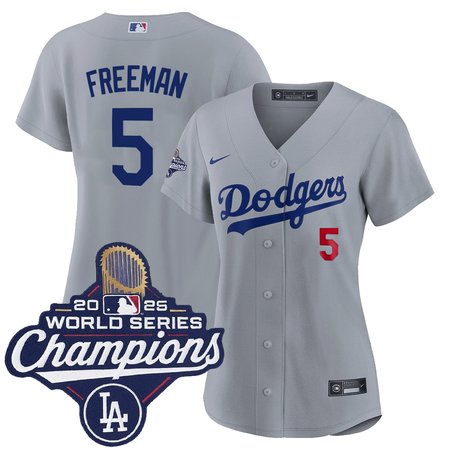 Women's Los Angeles Dodgers #5 Freddie Freeman Nike Gray 2025 World Series Champions Home Limited Jersey