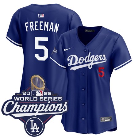 Women's Los Angeles Dodgers #5 Freddie Freeman Nike Royal 2025 World Series Champions Home Limited Jersey